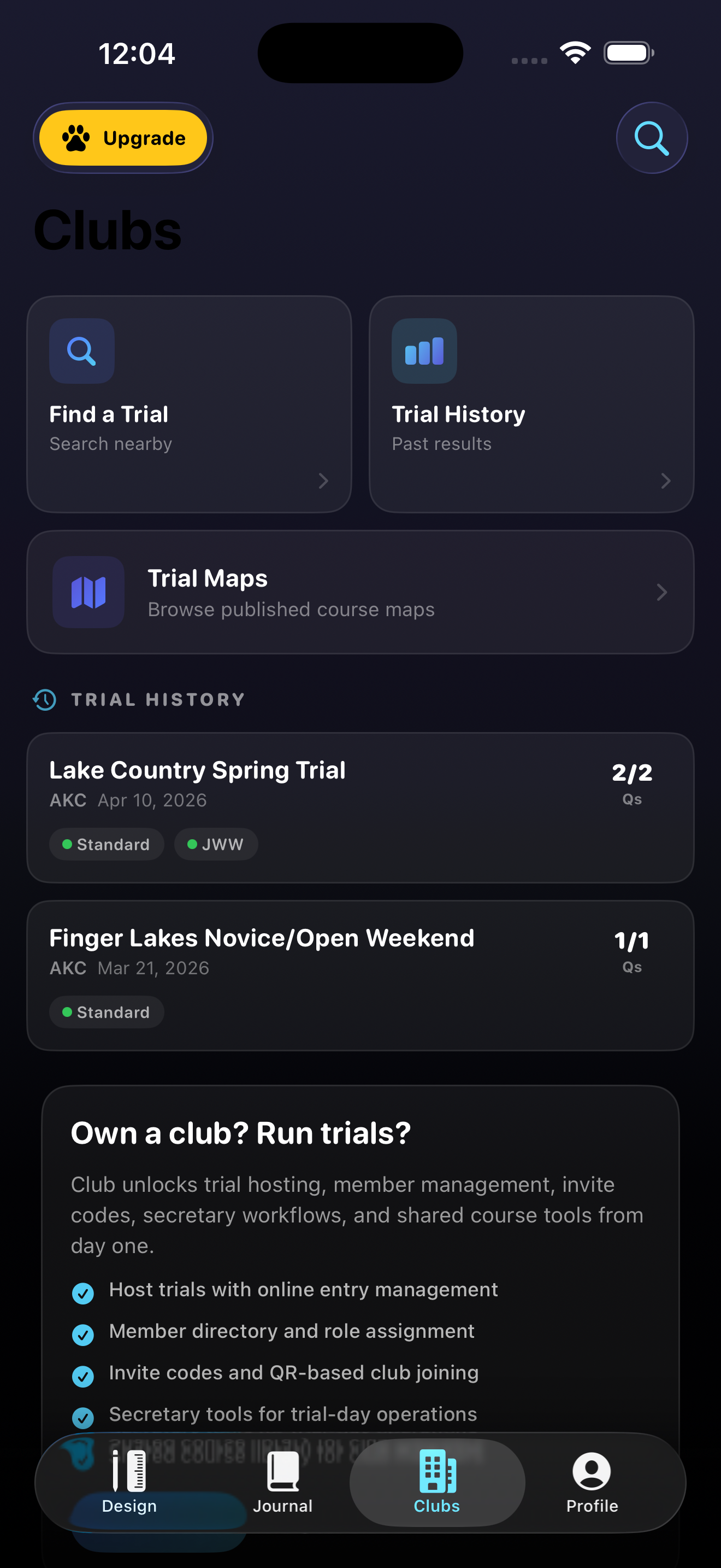 The clubs screen showing seeded trial history and club tools