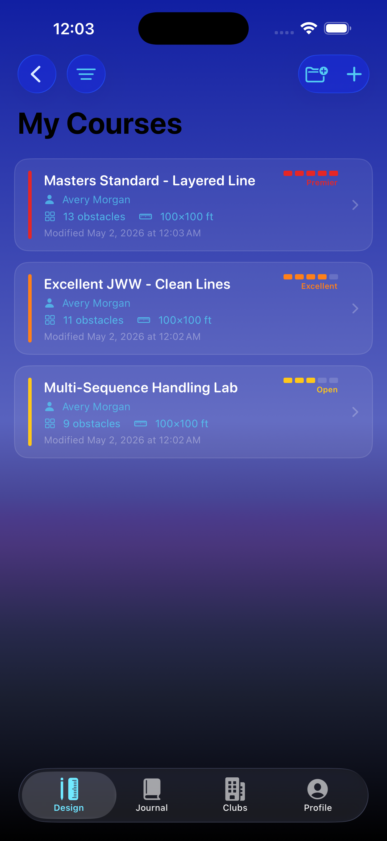 The My Courses screen showing seeded course examples