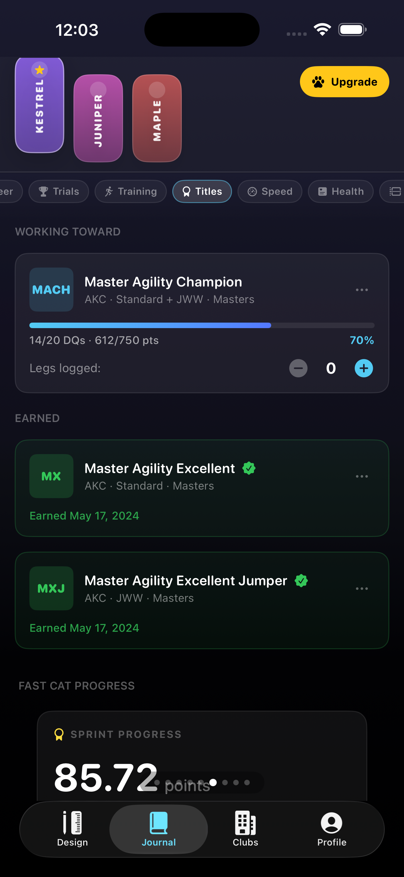 The title tracking screen showing seeded title progress