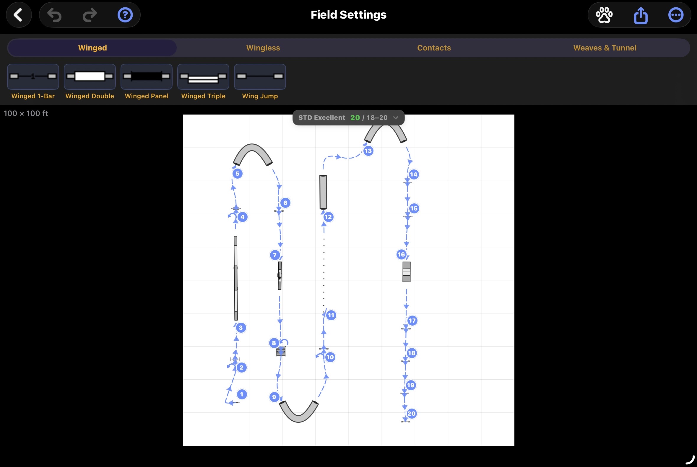 Agility course designer with obstacles and dog path