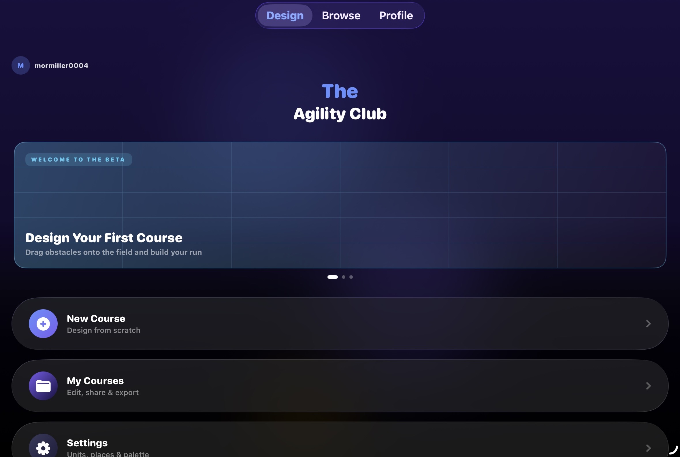 The Agility Club home screen